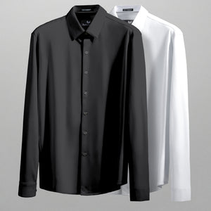 Model showcasing Tenacity Black and White long sleeve formal collar dress shirt.