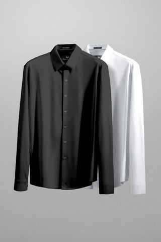 Model showcasing Tenacity Black and White long sleeve formal collar dress shirt.