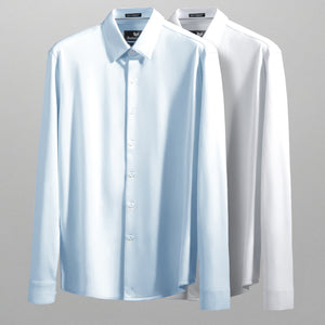 Model showcasing Tenacity Country Air and White long sleeve formal collar dress shirt