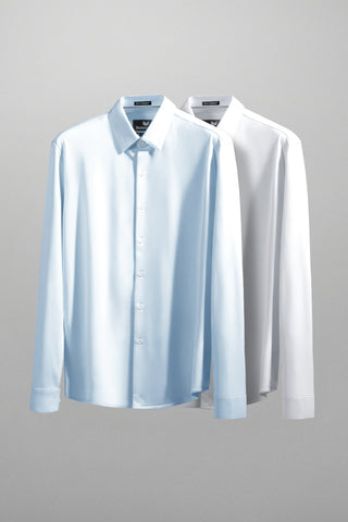 Model showcasing Tenacity Country Air and White long sleeve formal collar dress shirt
