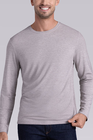 Model wearing Paramount Oak Tree Heather long sleeve Icy Bamboo® crewneck, styled in black pants.