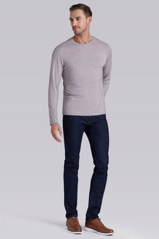 Model wearing Paramount Oak Tree Heather long sleeve Icy Bamboo® crewneck, styled in black pants.