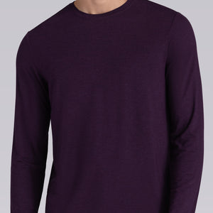 Model wearing Paramount Plum Heather long sleeve Icy Bamboo® crewneck, styled in black pants.