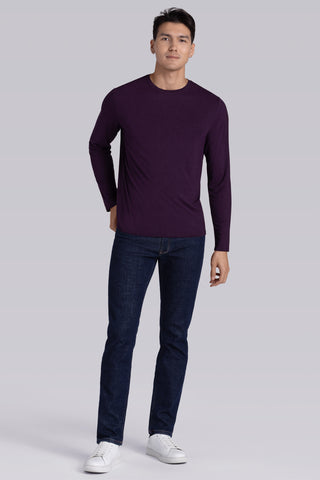 Model wearing Paramount Plum Heather long sleeve Icy Bamboo® crewneck, styled in black pants.