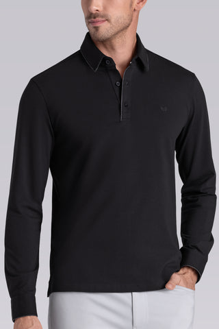 Model wearing Class Black long sleeve Icy Cotton® Jaquard Polo, styled with white pants.