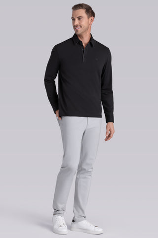 Model wearing Class Black long sleeve Icy Cotton® Jaquard Polo, styled with white pants.