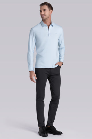Model wearing Class Country Air long sleeve Icy Cotton® Jaquard Polo, styled with black pants.