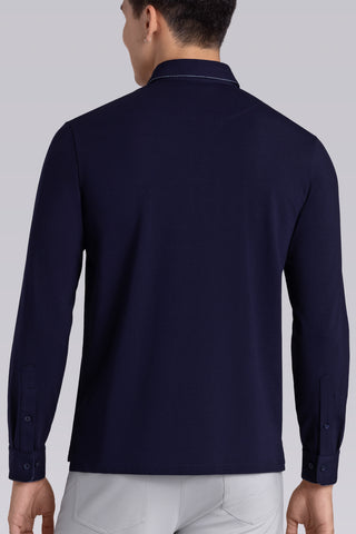 Model wearing Class Navy long sleeve Icy Cotton® Jaquard Polo, styled with light grey pants.