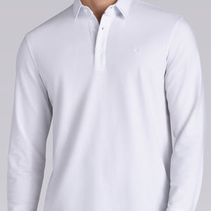 Model wearing Class White long sleeve Icy Cotton® Jaquard Polo, styled with white pants.
