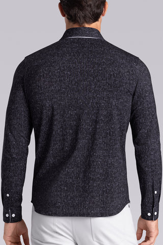 Model wear Integrity Black Icy Cotton® long sleeve classic collar shirt, styled with white pants.