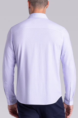 Model wearing Echo Light Purple long sleeve tonal geometric print shirt, styled with black pants.
