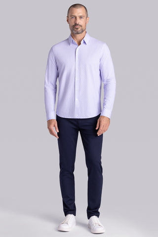 Model wearing Echo Light Purple long sleeve tonal geometric print shirt, styled with black pants.