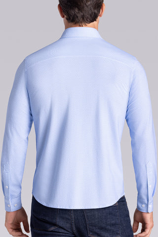 Model wearing Pulse Airy Blue Icy Cotton® long sleeve classic collar shirt, styled with black pants
