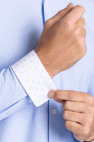 Model wearing Pulse Airy Blue Icy Cotton® long sleeve classic collar shirt, styled with black pants