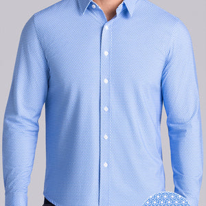 Model wearing Pulse Palace Blue Blue Icy Cotton® long sleeve classic collar shirt, styled with black pants