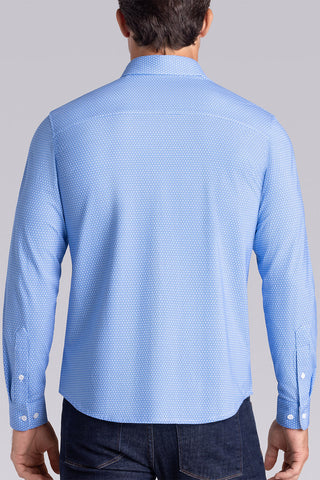 Model wearing Pulse Palace Blue Blue Icy Cotton® long sleeve classic collar shirt, styled with black pants