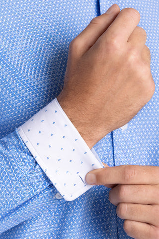 Model wearing Pulse Palace Blue Blue Icy Cotton® long sleeve classic collar shirt, styled with black pants