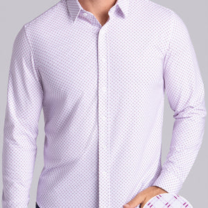Model wearing Empower Light Pink long sleeve dress shirt, styled black pants.