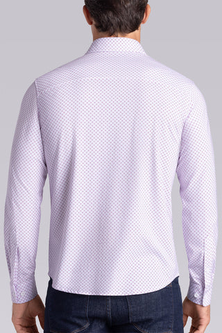 Model wearing Empower Light Pink long sleeve dress shirt, styled black pants.
