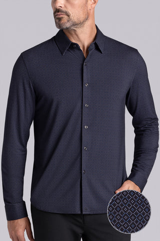 Model wearing the Excelsior Black Ink long sleeve dress shirt, styled with fitted black dress slacks.