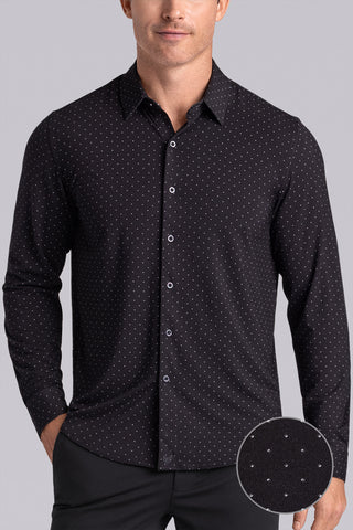 Model wearing Virtue Black Icy Bamboo® long sleeve classic collar shirt, styled with black pants.