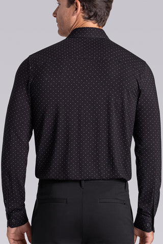 Model wearing Virtue Black Icy Bamboo® long sleeve classic collar shirt, styled with black pants.