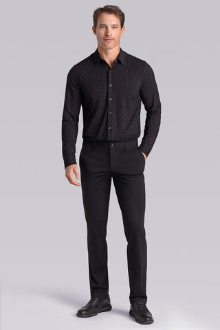 Model wearing Virtue Black Icy Bamboo® long sleeve classic collar shirt, styled with black pants.