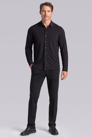 Model wearing Virtue Black Icy Bamboo® long sleeve classic collar shirt, styled with black pants.