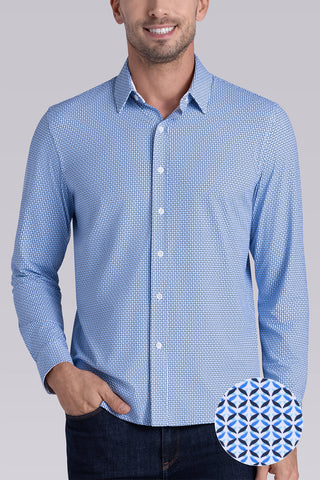 Model wearing Spry Ocean Blue long sleeve shirt with built in classic collar with geometric print, styled with jeans pants.