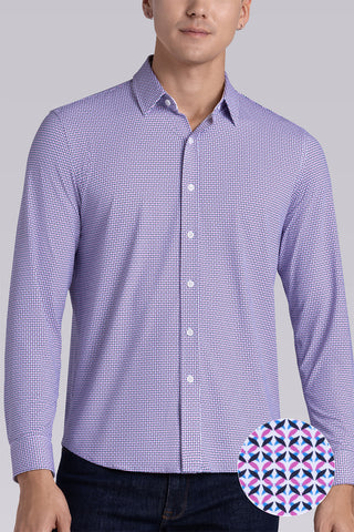 Model wearing Spry Pink long sleeve shirt with built in classic collar with geometric print, styled with jeans pants.