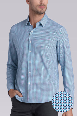 Model wearing Spry Seafoam long sleeve shirt with built in classic collar with geometric print, styled with jeans pants.