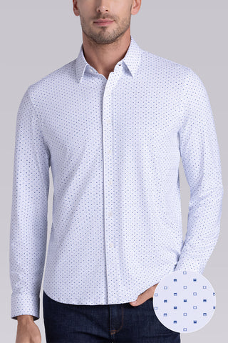 Model wearing Committed White Navy long sleeve shirt with built in classic collar with geometric print, styled with jeans.
