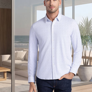 Model wearing Committed White Navy long sleeve shirt with built in classic collar with geometric print, styled with jeans.