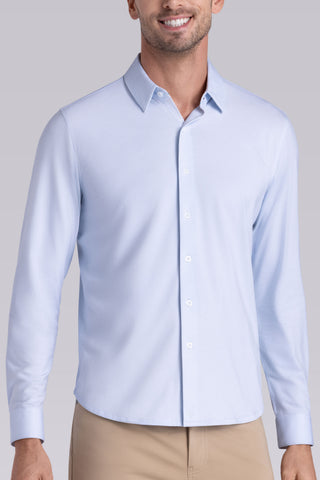 Model wearing Strive Country Air Icy Cotton® long sleeve shirt with classic collar and french placket, styled with khaki pants