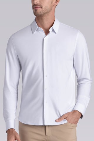 Model wearing Strive White Icy Cotton® long sleeve shirt with classic collar and french placket, styled with khaki pants