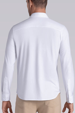 Model wearing Strive White Icy Cotton® long sleeve shirt with classic collar and french placket, styled with khaki pants