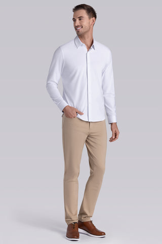 Model wearing Strive White Icy Cotton® long sleeve shirt with classic collar and french placket, styled with khaki pants