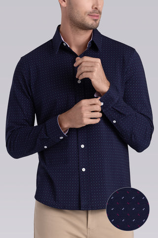 Model wearing Ignite Navy Red Icy Cotton® long sleeve shirt with classic collar and placket, styled with khaki pants