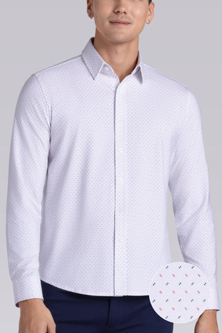 Model wearing Ignite White Icy Cotton® long sleeve shirt with classic collar and placket, styled with navy pants