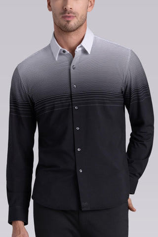 Model wearing Flex Black Icy Cotton® long sleeve shirt with classic collar and french placket, styled with black pants.