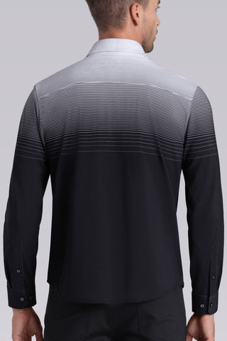 Model wearing Flex Black Icy Cotton® long sleeve shirt with classic collar and french placket, styled with black pants.