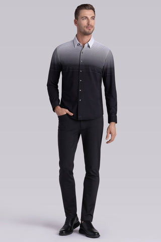 Model wearing Flex Black Icy Cotton® long sleeve shirt with classic collar and french placket, styled with black pants.